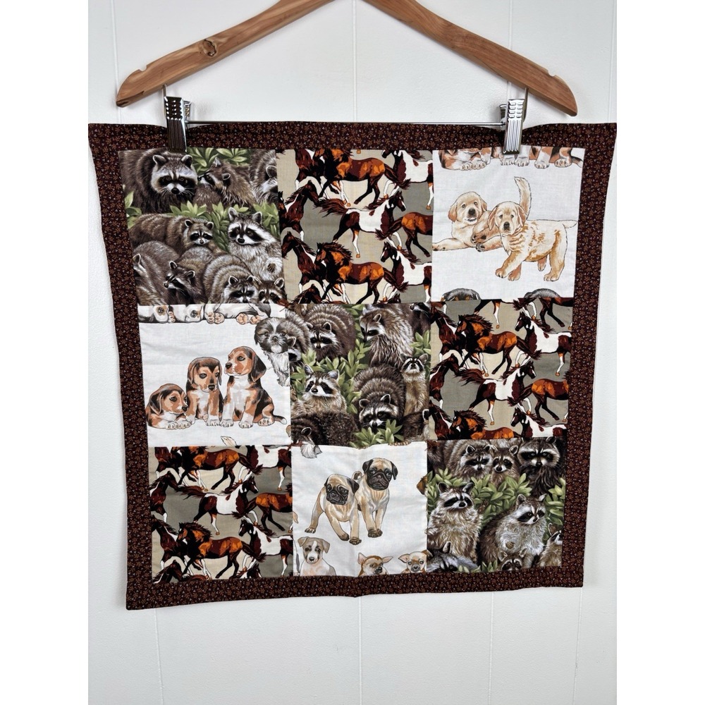Handmade Doll Quilt Patchwork Horses and Puppies Raccoons Print 19" x‎ 19" Brown